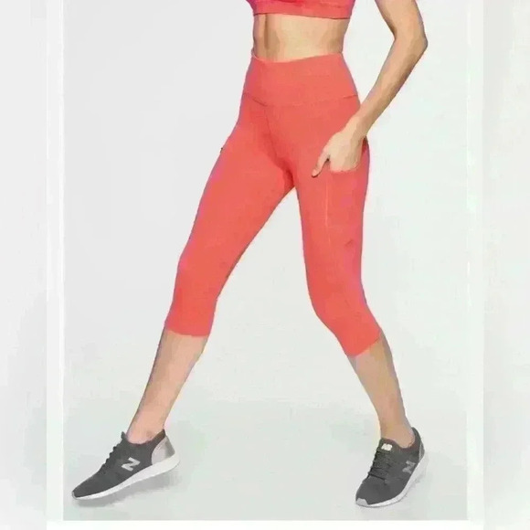 Athleta Pants - Athleta All In crop leggings, coral, small, S, 4/6, Workout, Stash pocket, mesh
